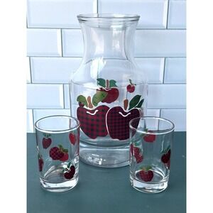 Vintage IDI Plaid Apple Glass Carafe and 2 Juice Glasses Set Red Black Buffalo